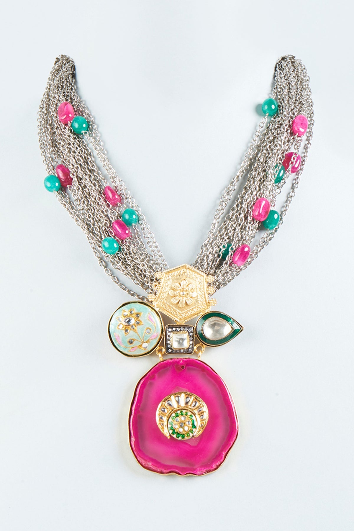 Two Tone Finish Fuchsia Agate Stone Long Necklace