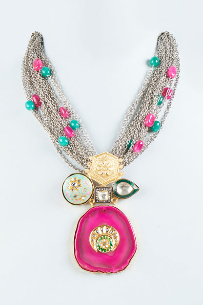 Two Tone Finish Fuchsia Agate Stone Long Necklace