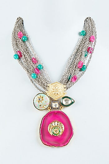 Two Tone Finish Fuchsia Agate Stone Long Necklace