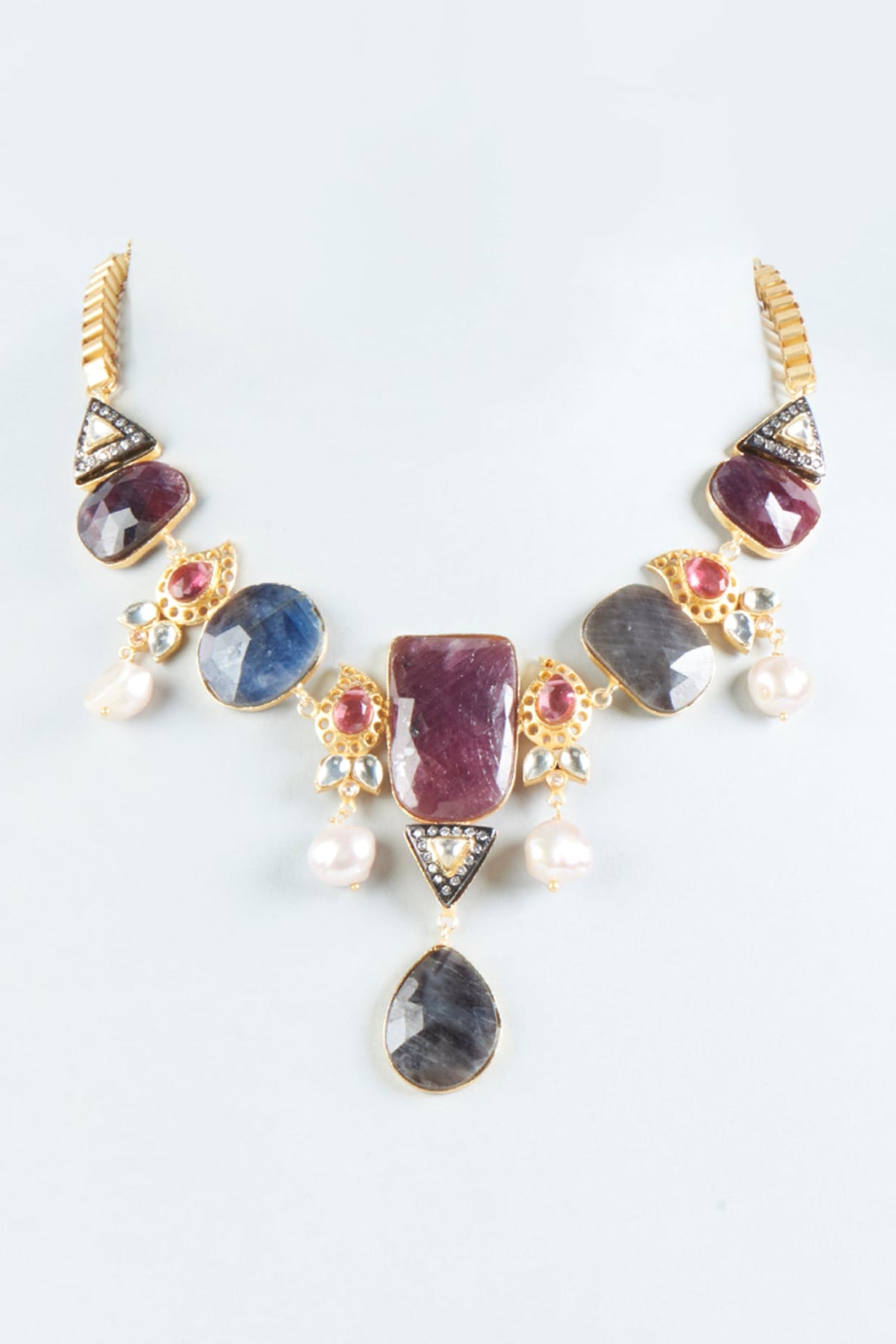 Gold Finish Multi-Colored Sapphire Synthetic Stone Necklace