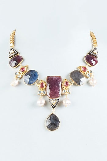 Gold Finish Multi-Colored Sapphire Synthetic Stone Necklace
