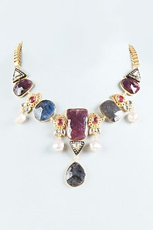 Gold Finish Multi-Colored Sapphire Synthetic Stone Necklace