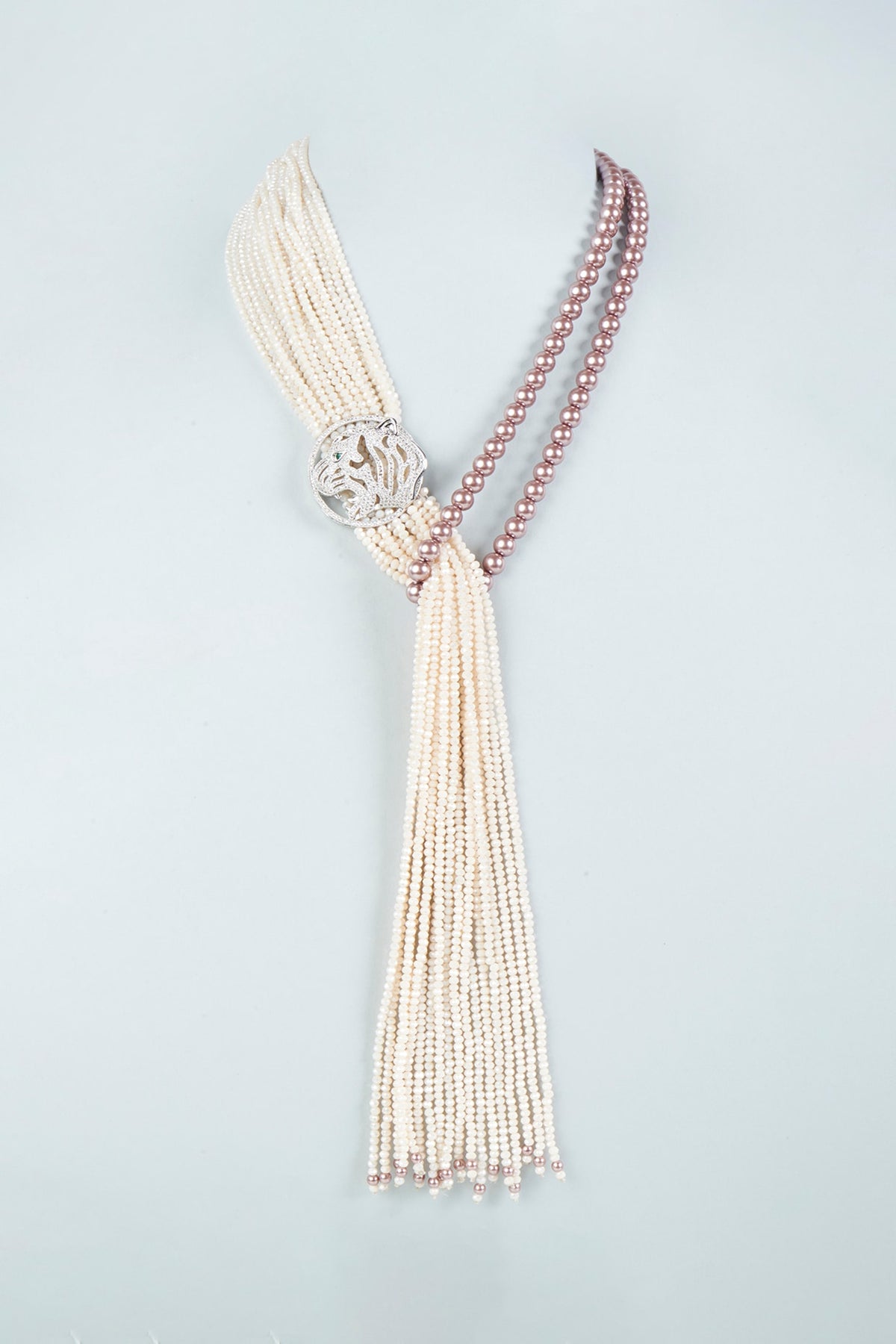 White Finish Brown Crystal Beaded Long Necklace