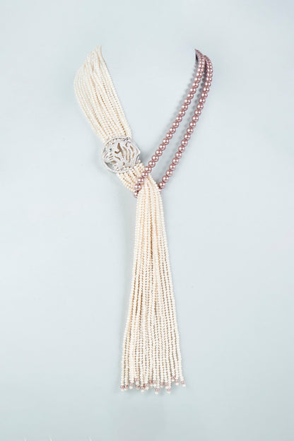 White Finish Brown Crystal Beaded Long Necklace