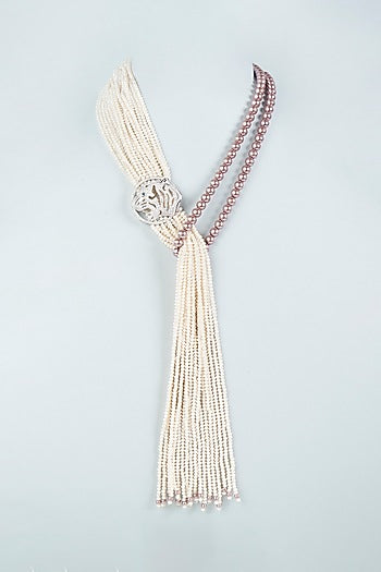White Finish Brown Crystal Beaded Long Necklace