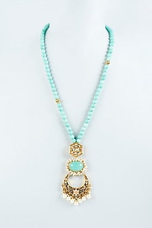Gold Finish Powder Blue Agate Stone Long Necklace