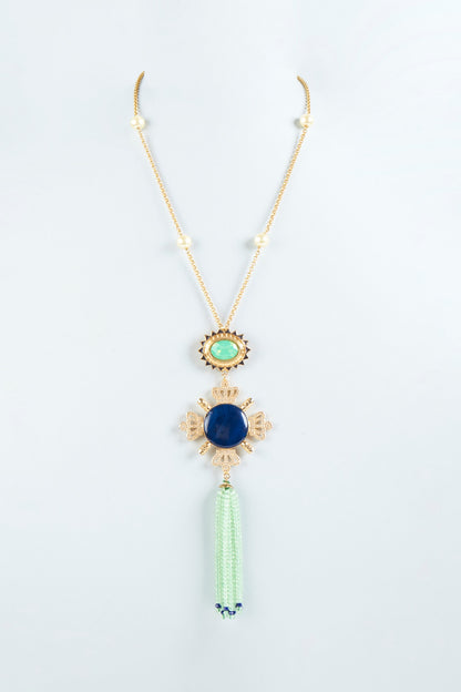 Gold Finish Aqua Green Semi-Precious Stone Long Necklace