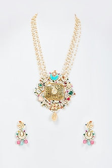 Gold Finish Multi-Colored Semi-Precious Stone Meenakari Necklace Set