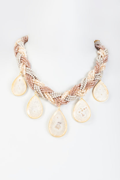 Gold Finish White Semi-Precious Stone & Pearl Necklace