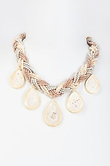 Gold Finish White Semi-Precious Stone & Pearl Necklace