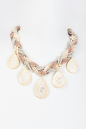 Gold Finish White Semi-Precious Stone & Pearl Necklace