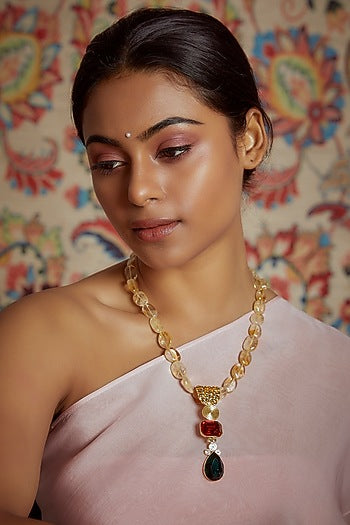 Gold Finish Semi-Precious Stone & Pearl Necklace