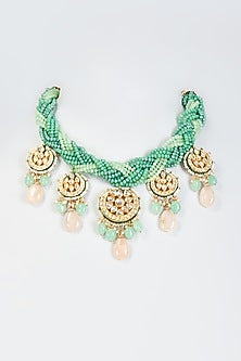 Gold Finish Green Semi-Precious Stone & Kundan Polki Necklace