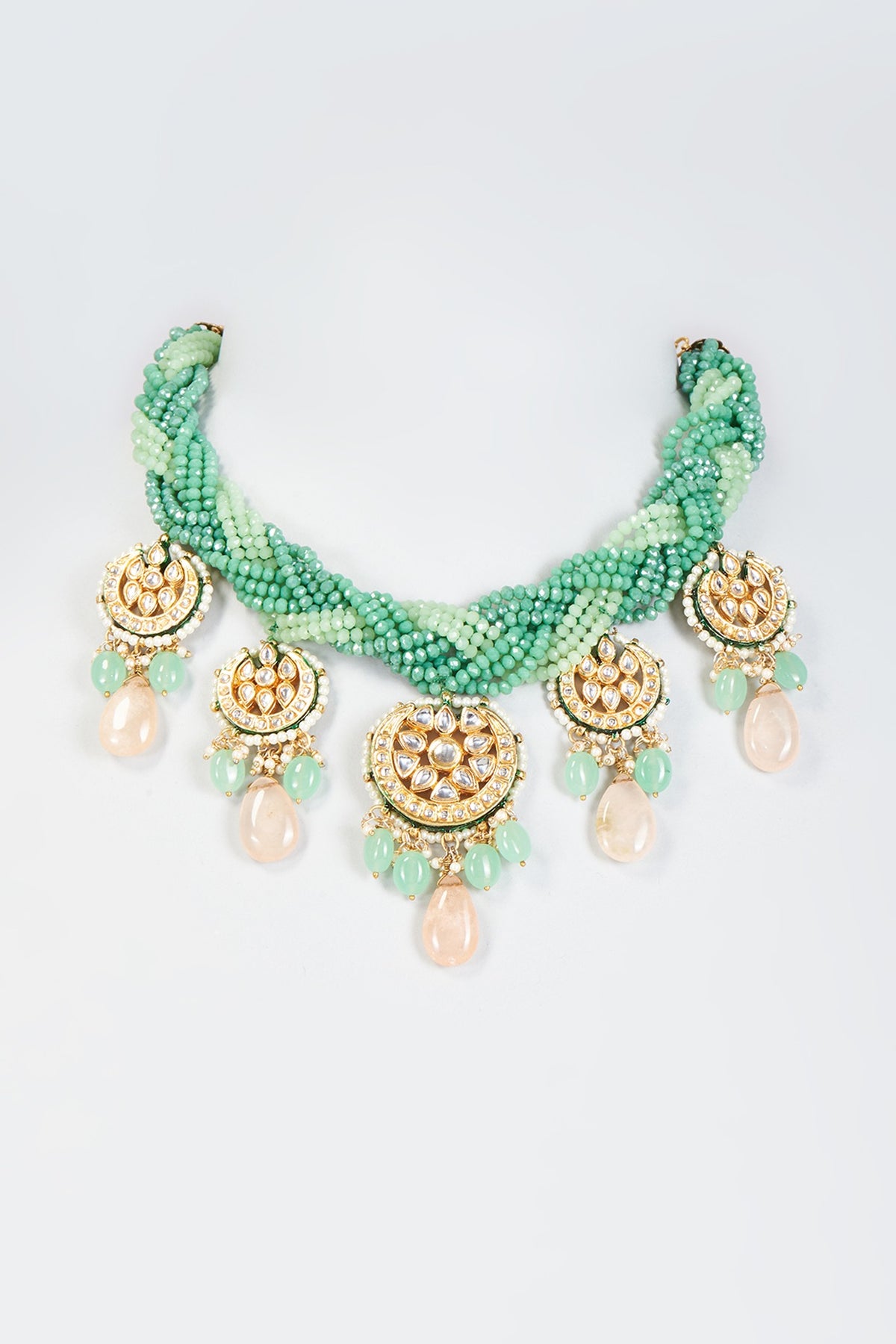 Gold Finish Green Semi-Precious Stone & Kundan Polki Necklace