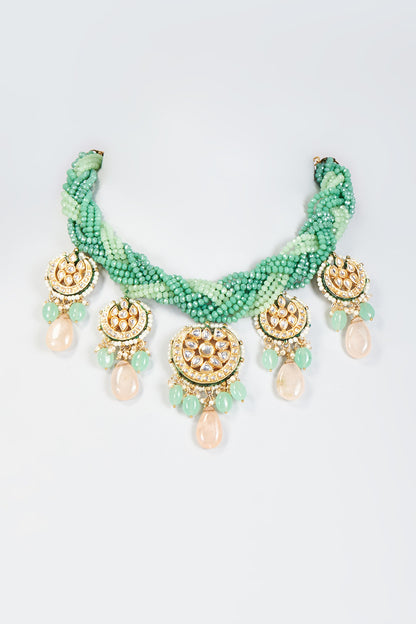 Gold Finish Green Semi-Precious Stone & Kundan Polki Necklace