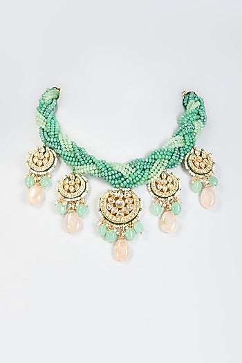 Gold Finish Green Semi-Precious Stone & Kundan Polki Necklace