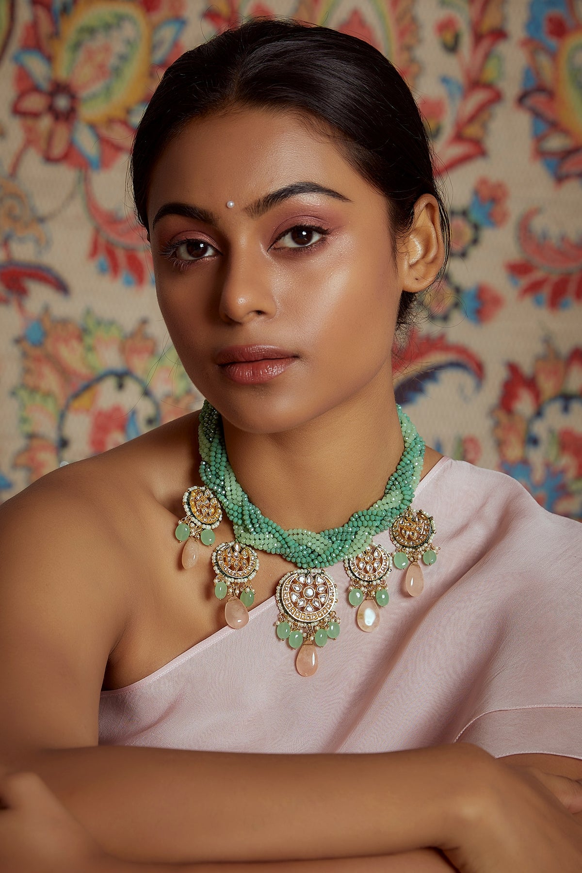 Gold Finish Green Semi-Precious Stone & Kundan Polki Necklace