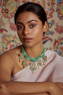 Gold Finish Green Semi-Precious Stone & Kundan Polki Necklace