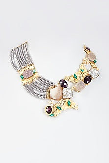 Gold Finish Grey Semi-Precious Stone & Pearl Necklace