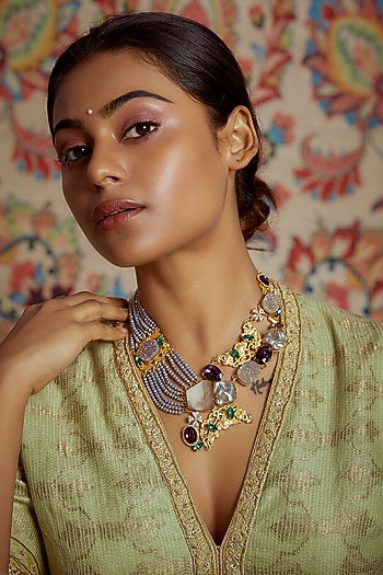 Gold Finish Grey Semi-Precious Stone & Pearl Necklace