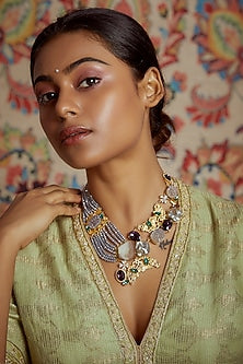Gold Finish Grey Semi-Precious Stone & Pearl Necklace