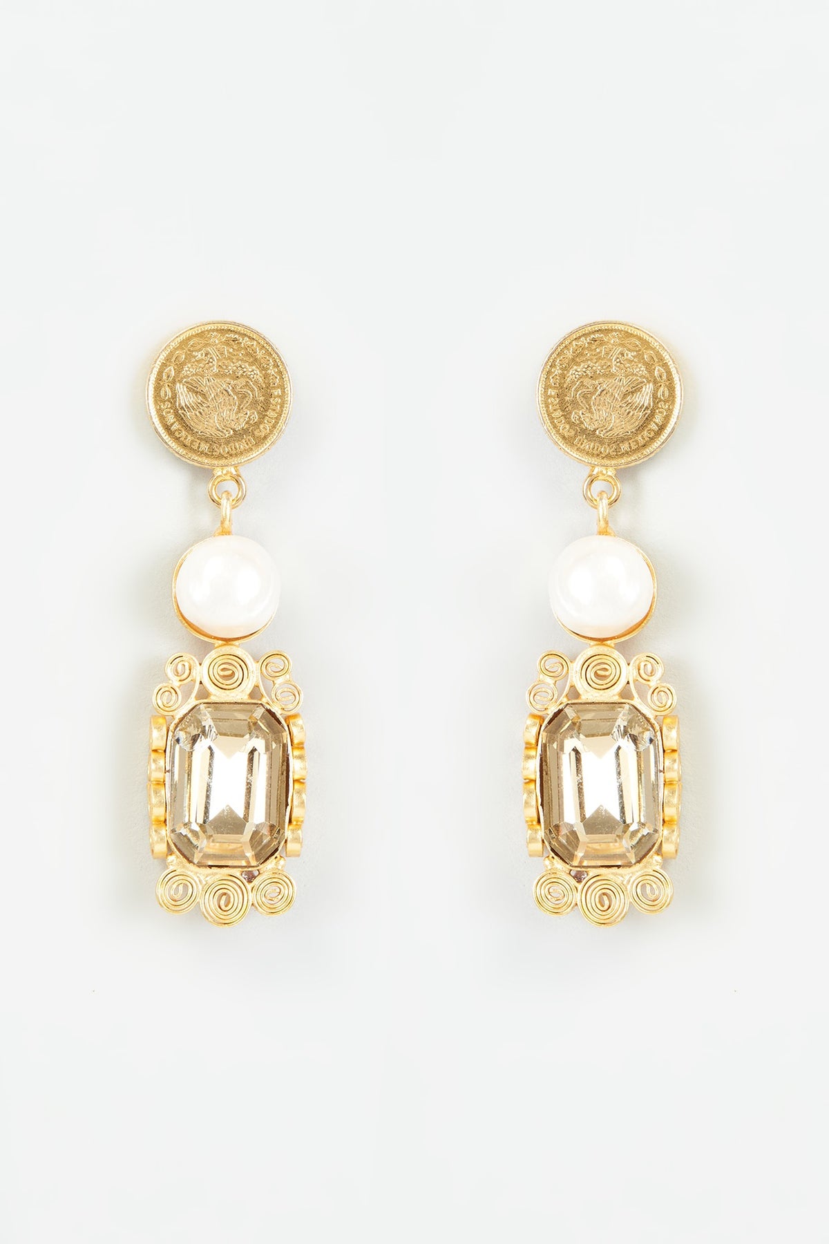 Gold Finish Swarovski Stone & Shell Pearl Dangler Earrings