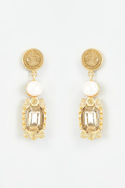 Gold Finish Swarovski Stone & Shell Pearl Dangler Earrings