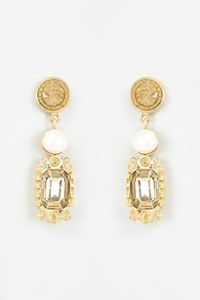 Gold Finish Swarovski Stone & Shell Pearl Dangler Earrings