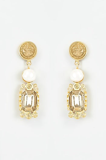 Gold Finish Swarovski Stone & Shell Pearl Dangler Earrings