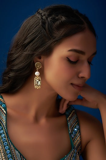 Gold Finish Swarovski Stone & Shell Pearl Dangler Earrings