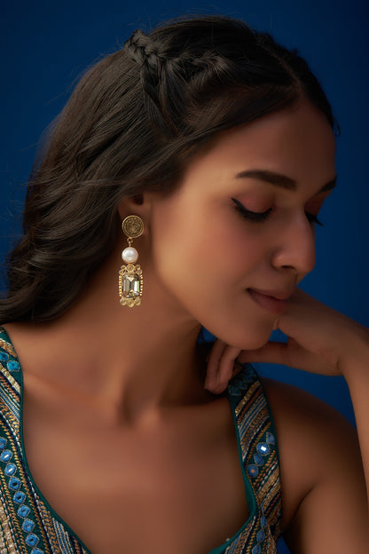 Gold Finish Swarovski Stone & Shell Pearl Dangler Earrings