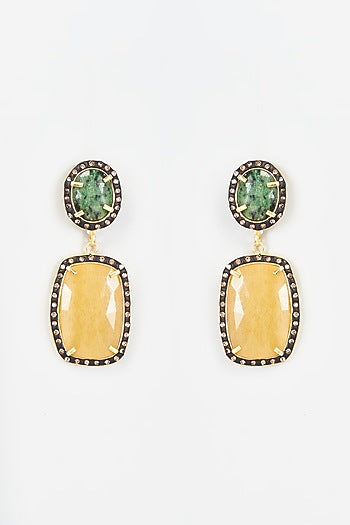 Two-Tone Finish Synthetic Sapphire Stone Dangler Earrings