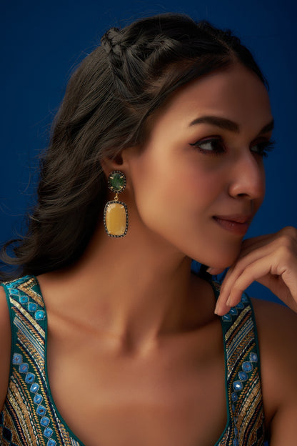 Two-Tone Finish Synthetic Sapphire Stone Dangler Earrings