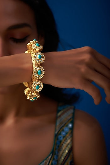 Gold Finish Kundan Polki & Semi-Precious Stone Bangle