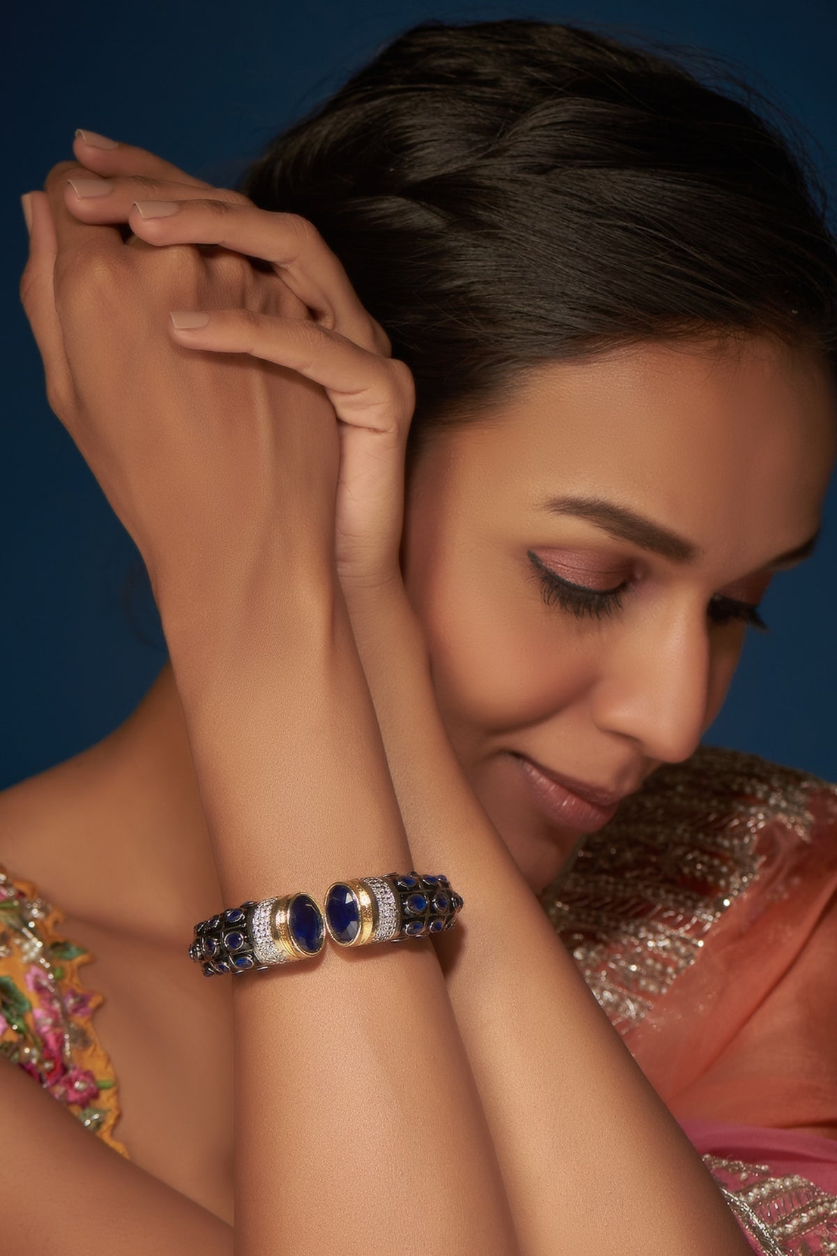 Two-Tone Finish Synthetic & CZ Stone Bangle