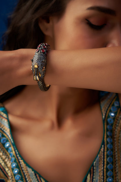 Two Tone Finish Cz & Synthetic Stone Bangle
