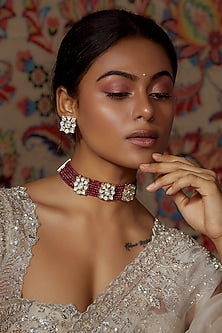 Gold Finish Semi-Precious Stone Choker Necklace Set