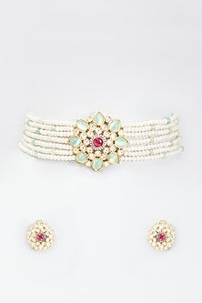 Gold Finish Faux Pearl Choker Necklace Set