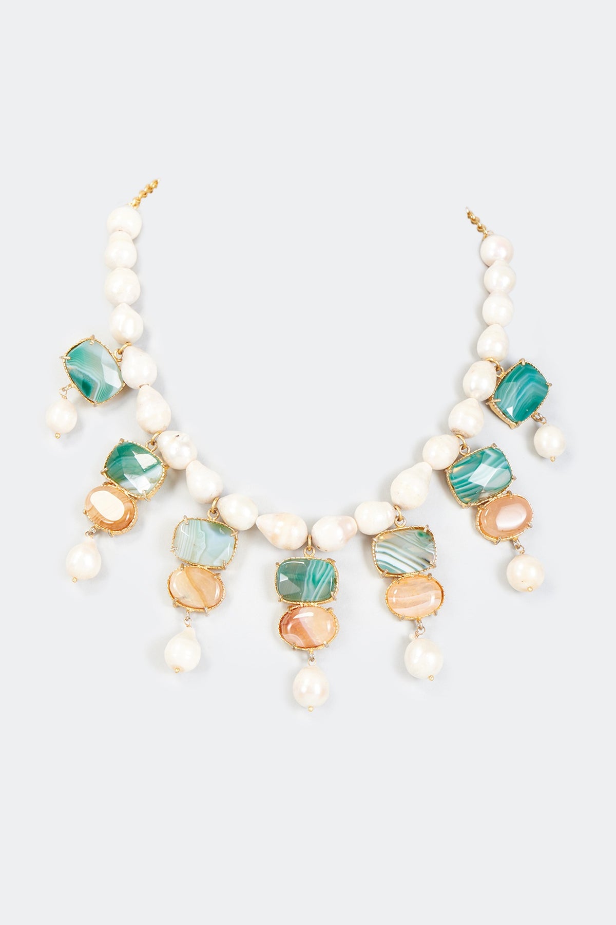 Gold Finish Multi-Colored Agate & Pearl Necklace