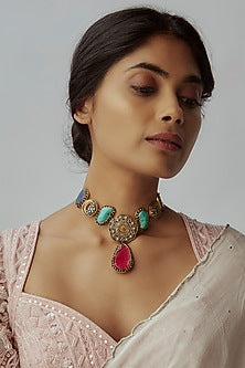 Two-Tone Finish Imitation Kundan Polki & Semi-Precious Stone Necklace