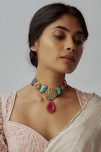 Two-Tone Finish Imitation Kundan Polki & Semi-Precious Stone Necklace