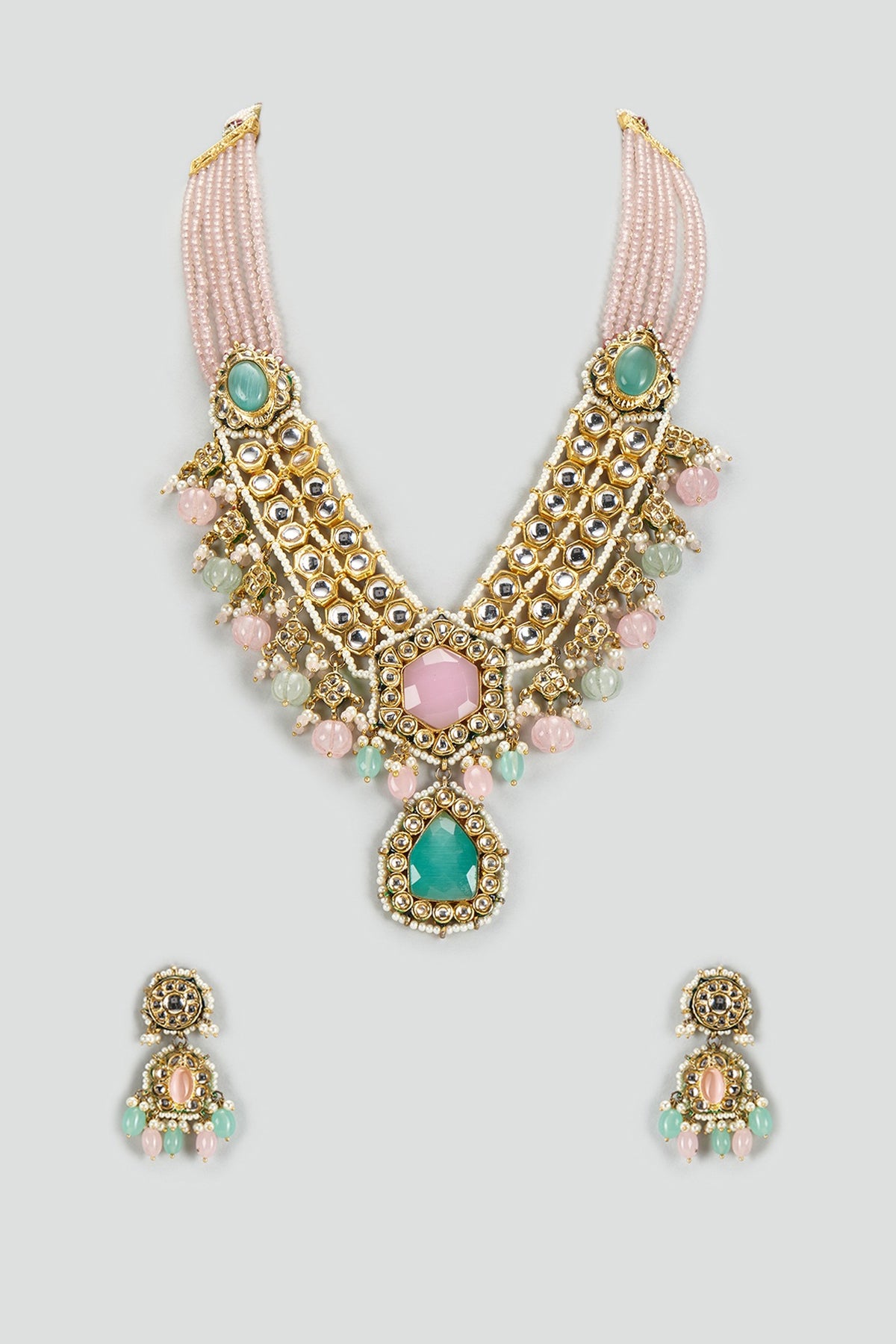 Gold Finish Kundan Polki & Semi-Precious Stone Necklace Set
