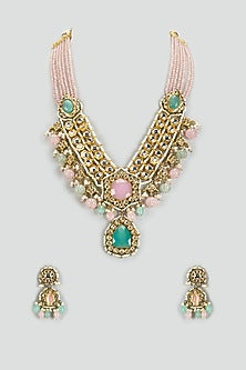 Gold Finish Kundan Polki & Semi-Precious Stone Necklace Set