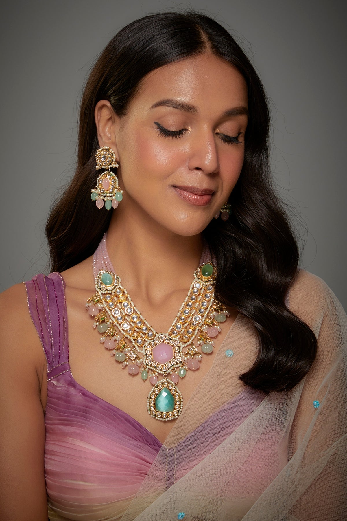 Gold Finish Kundan Polki & Semi-Precious Stone Necklace Set