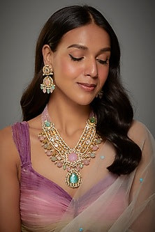 Gold Finish Kundan Polki & Semi-Precious Stone Necklace Set