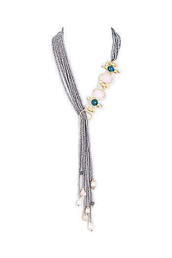 Gold Finish Grey Synthetic Stone Necklace