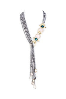 Gold Finish Grey Synthetic Stone Necklace
