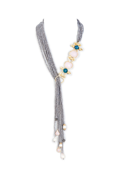 Gold Finish Grey Synthetic Stone Necklace