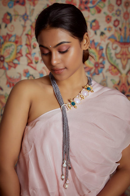 Gold Finish Grey Synthetic Stone Necklace
