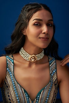 Gold Finish Faux Pearl Choker Necklace